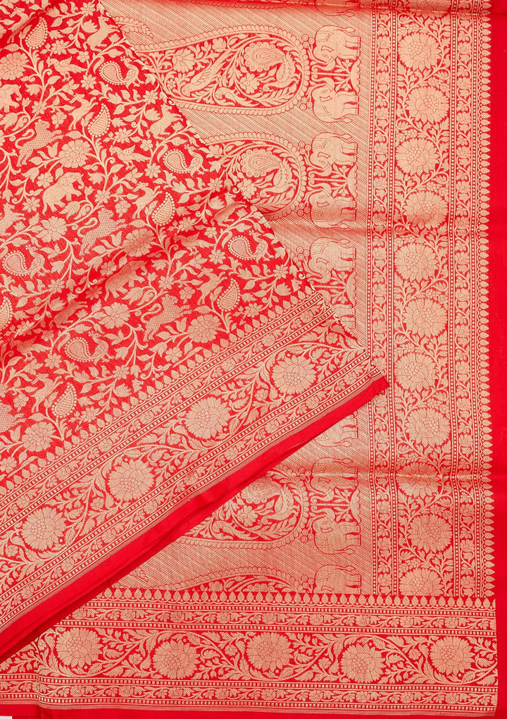 Red Zariwork Pure Silk Saree-Koskii