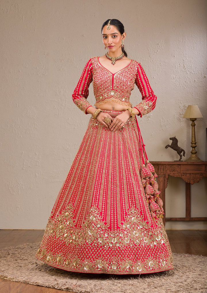 Red Zariwork Raw Silk Readymade Lehenga-Koskii
