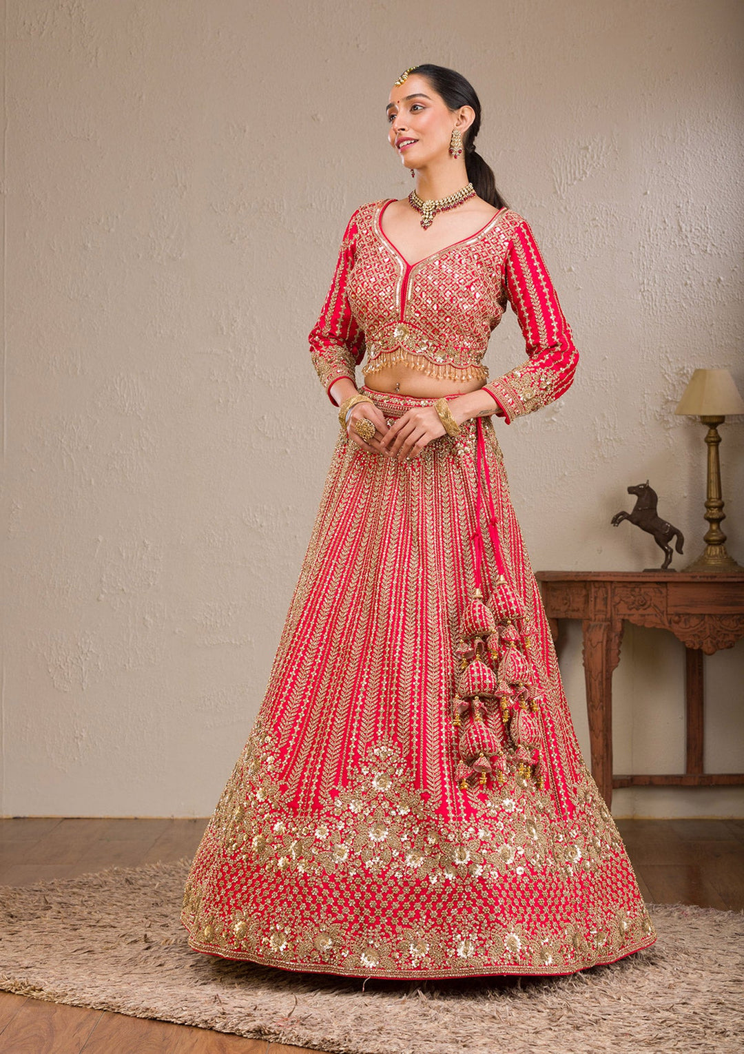 Red Zariwork Raw Silk Readymade Lehenga-Koskii