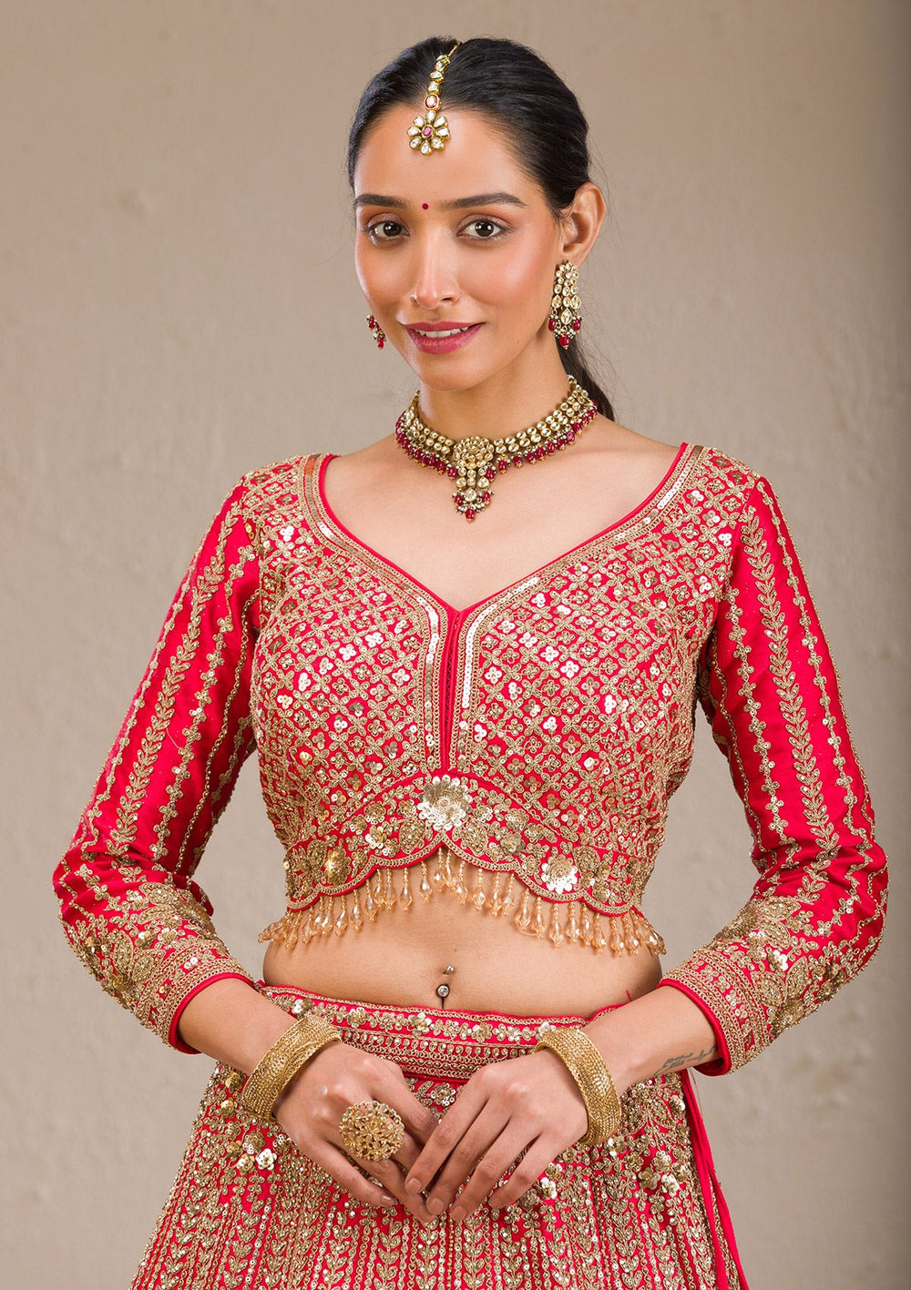 Red Zariwork Raw Silk Readymade Lehenga-Koskii
