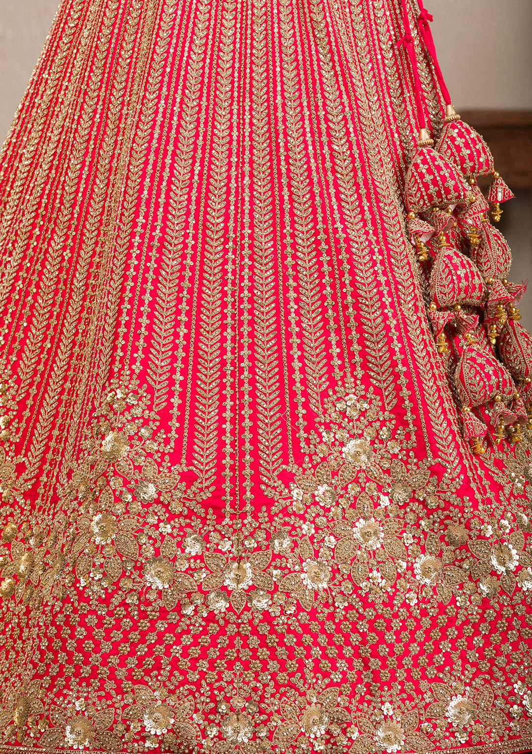Red Zariwork Raw Silk Readymade Lehenga-Koskii