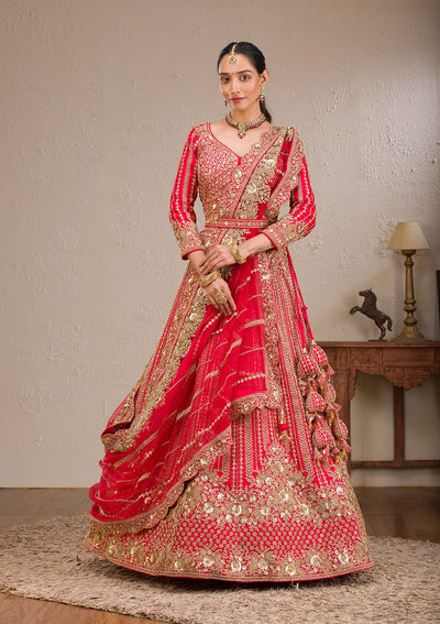 Red Zariwork Raw Silk Readymade Lehenga-Koskii