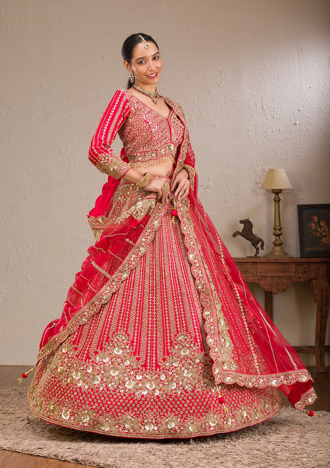 Red Zariwork Raw Silk Readymade Lehenga-Koskii