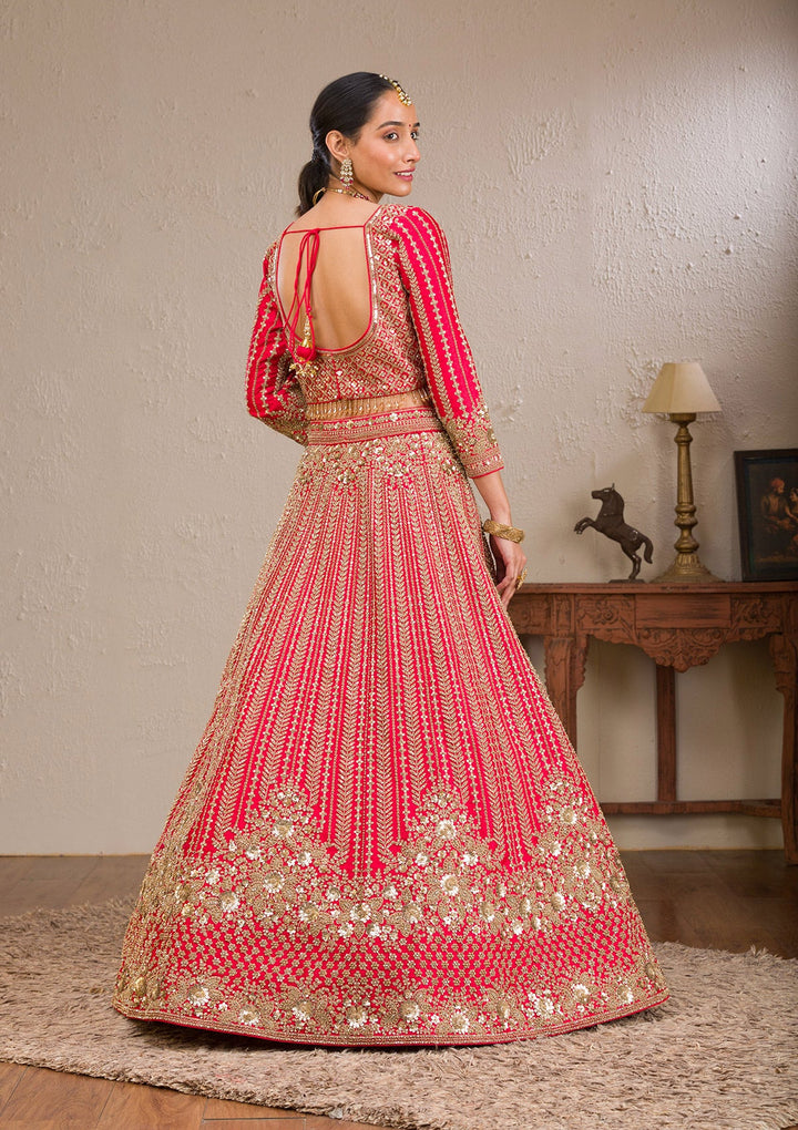 Red Zariwork Raw Silk Readymade Lehenga-Koskii
