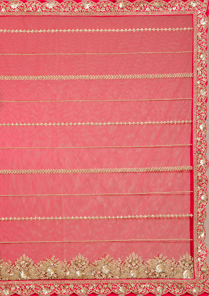 Red Zariwork Raw Silk Readymade Lehenga-Koskii