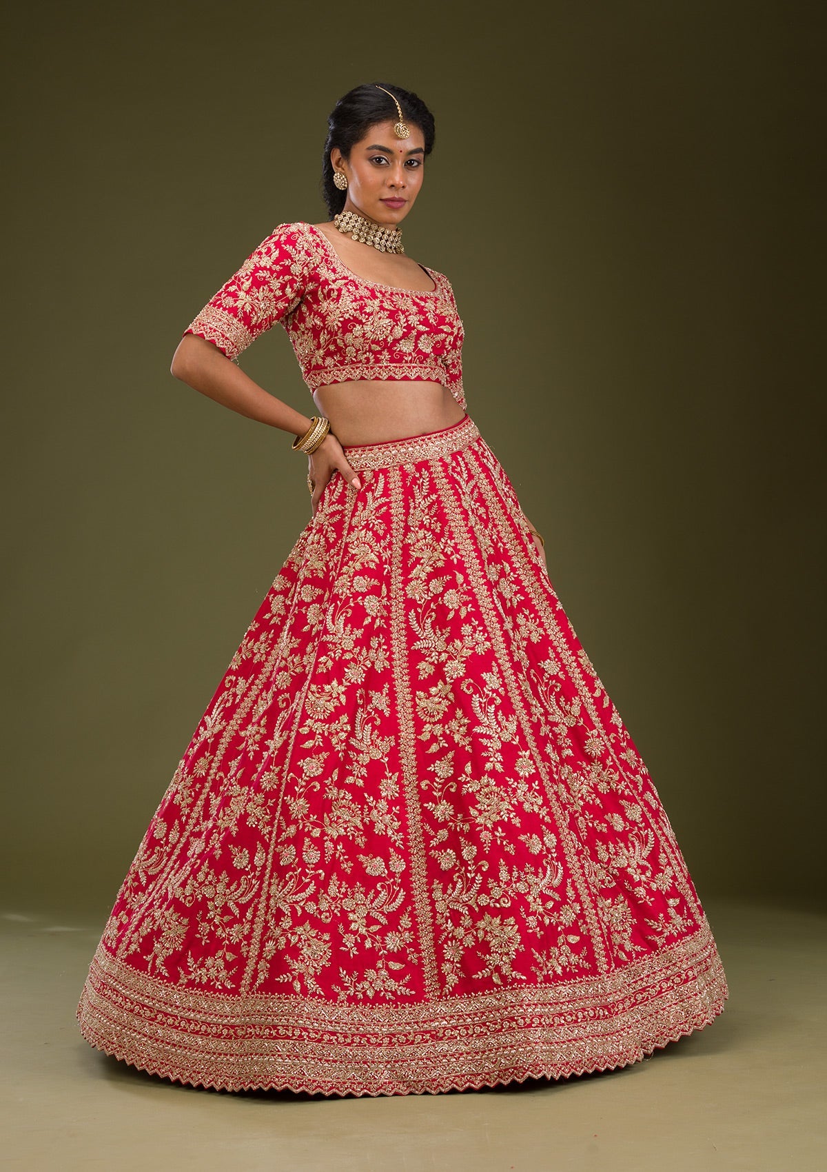 Red Zariwork Raw Silk Readymade Lehenga-Koskii