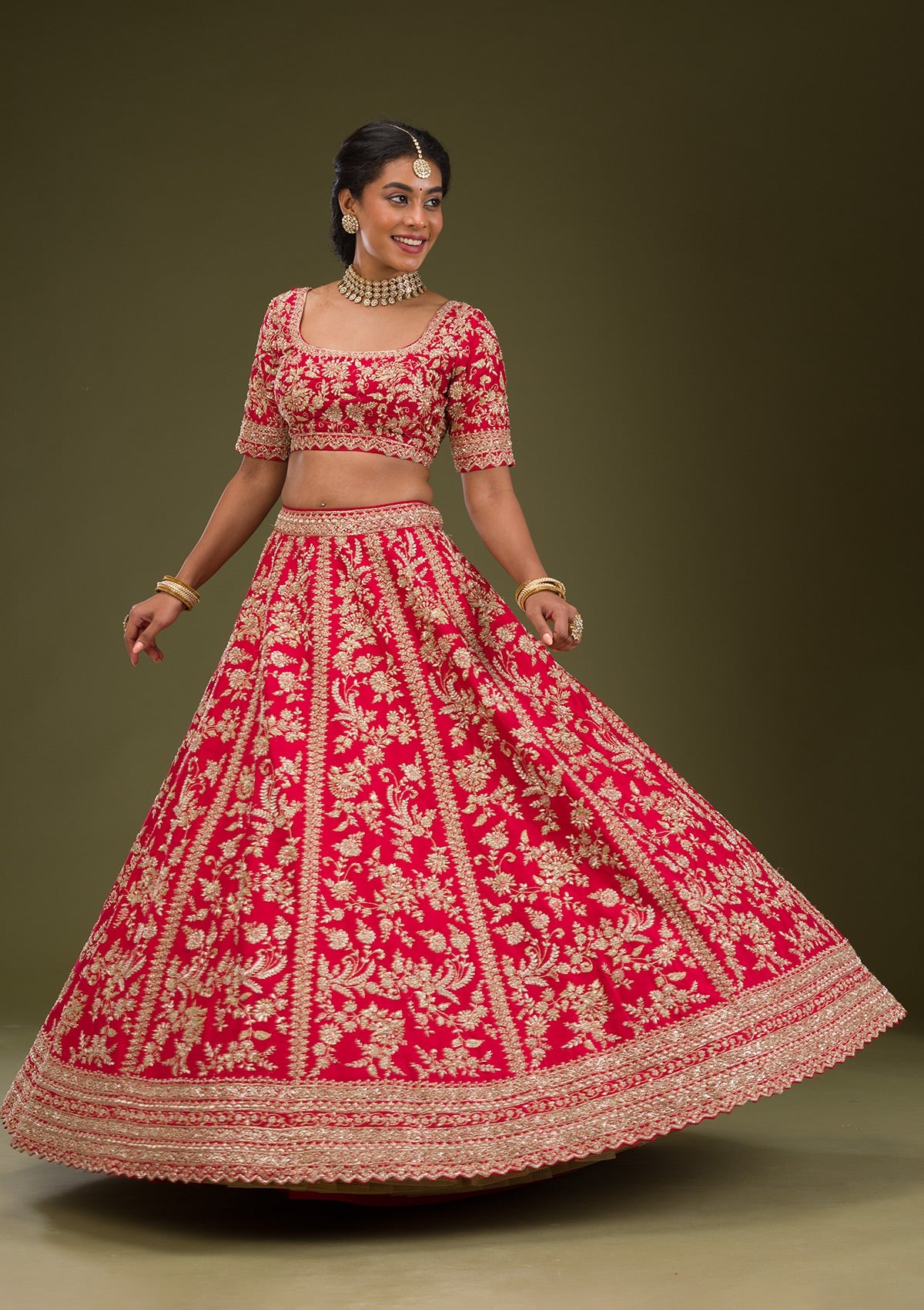 Red Zariwork Raw Silk Readymade Lehenga-Koskii