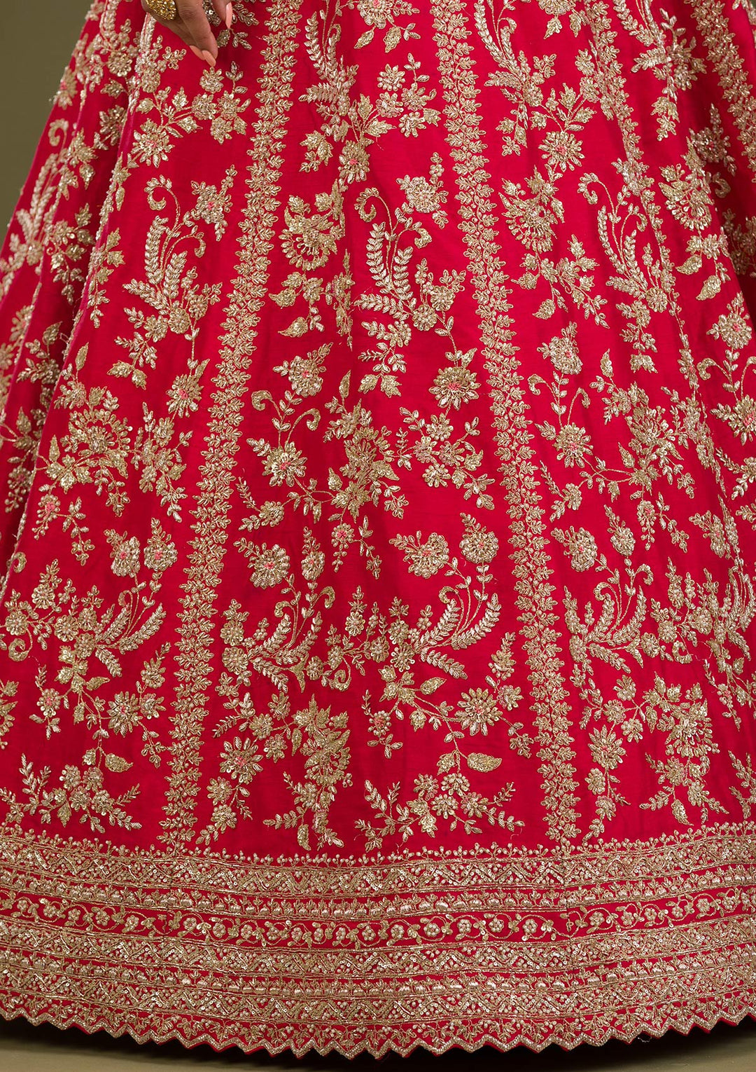 Red Zariwork Raw Silk Readymade Lehenga-Koskii