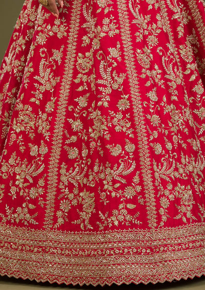 Red Zariwork Raw Silk Readymade Lehenga-Koskii