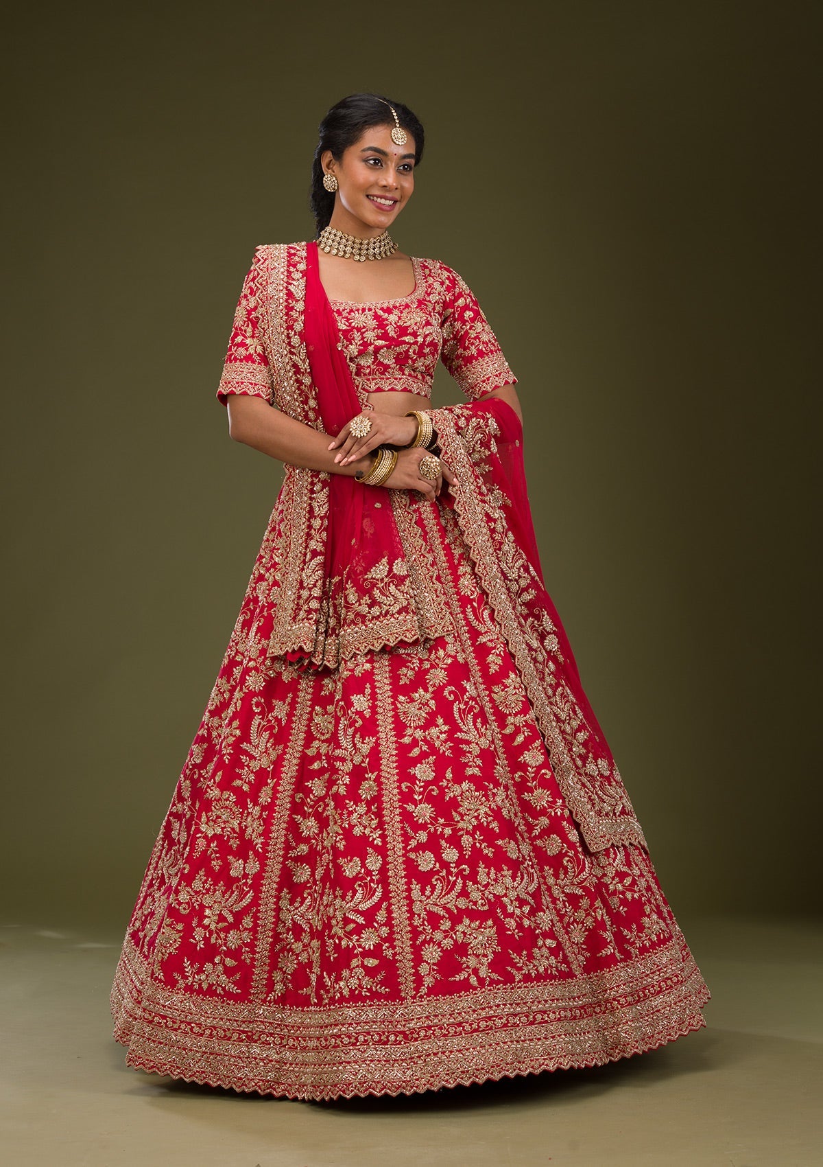 Red Zariwork Raw Silk Readymade Lehenga-Koskii