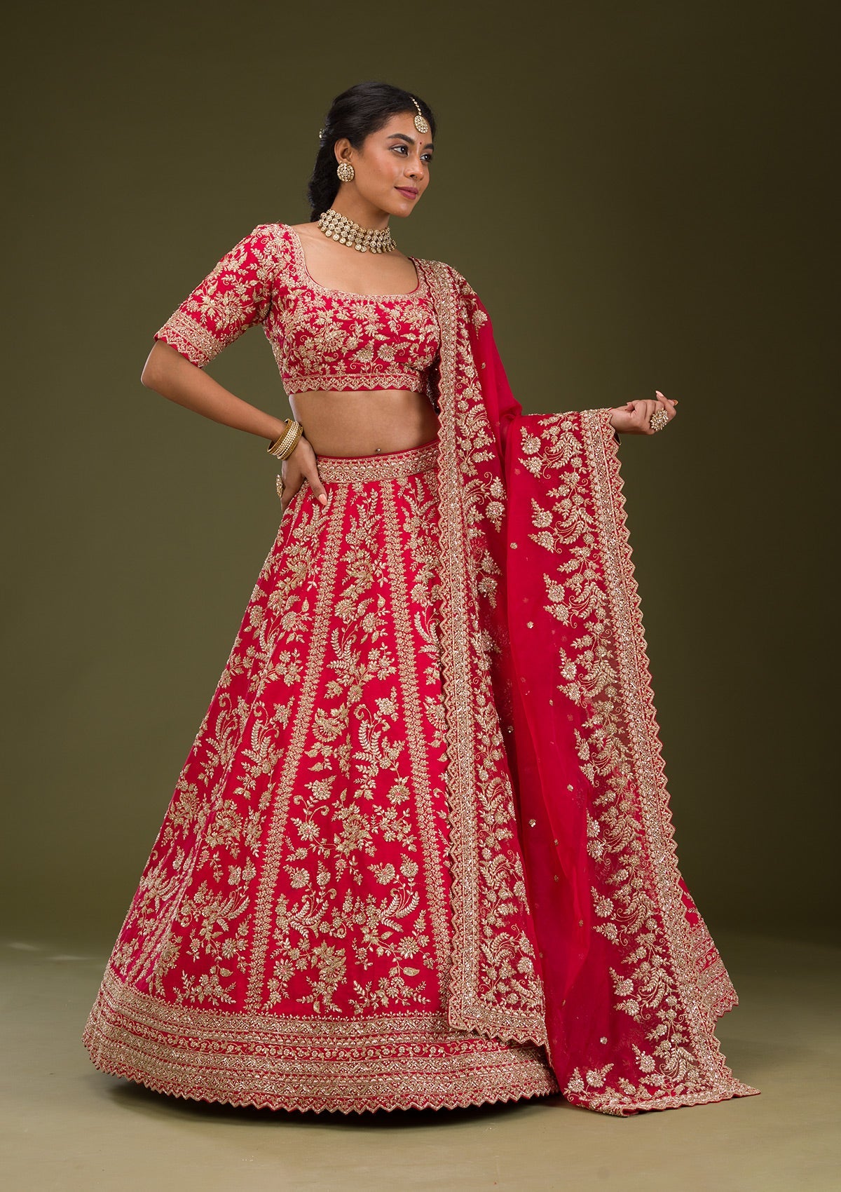 Red Zariwork Raw Silk Readymade Lehenga-Koskii