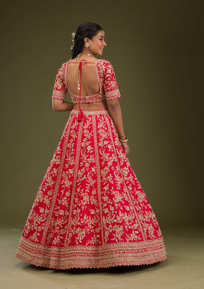 Red Zariwork Raw Silk Readymade Lehenga-Koskii