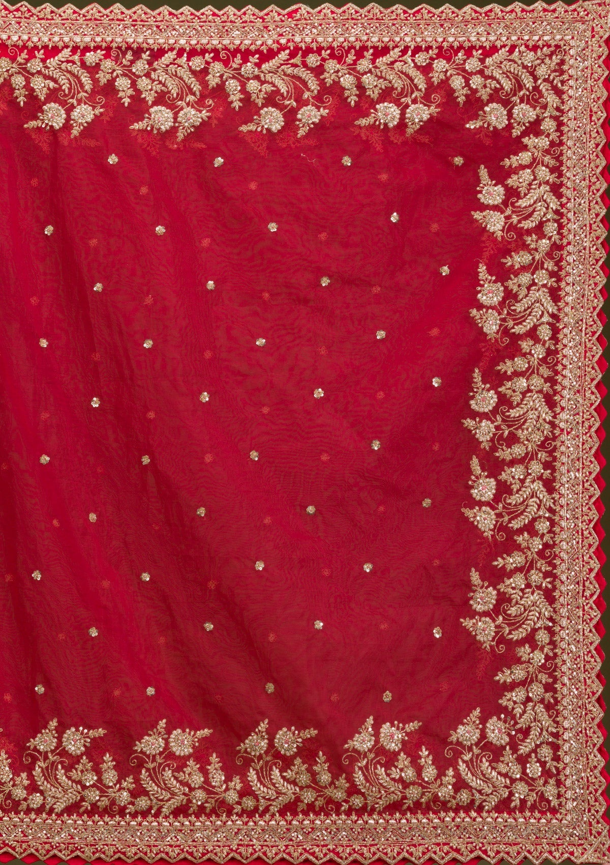 Red Zariwork Raw Silk Readymade Lehenga-Koskii