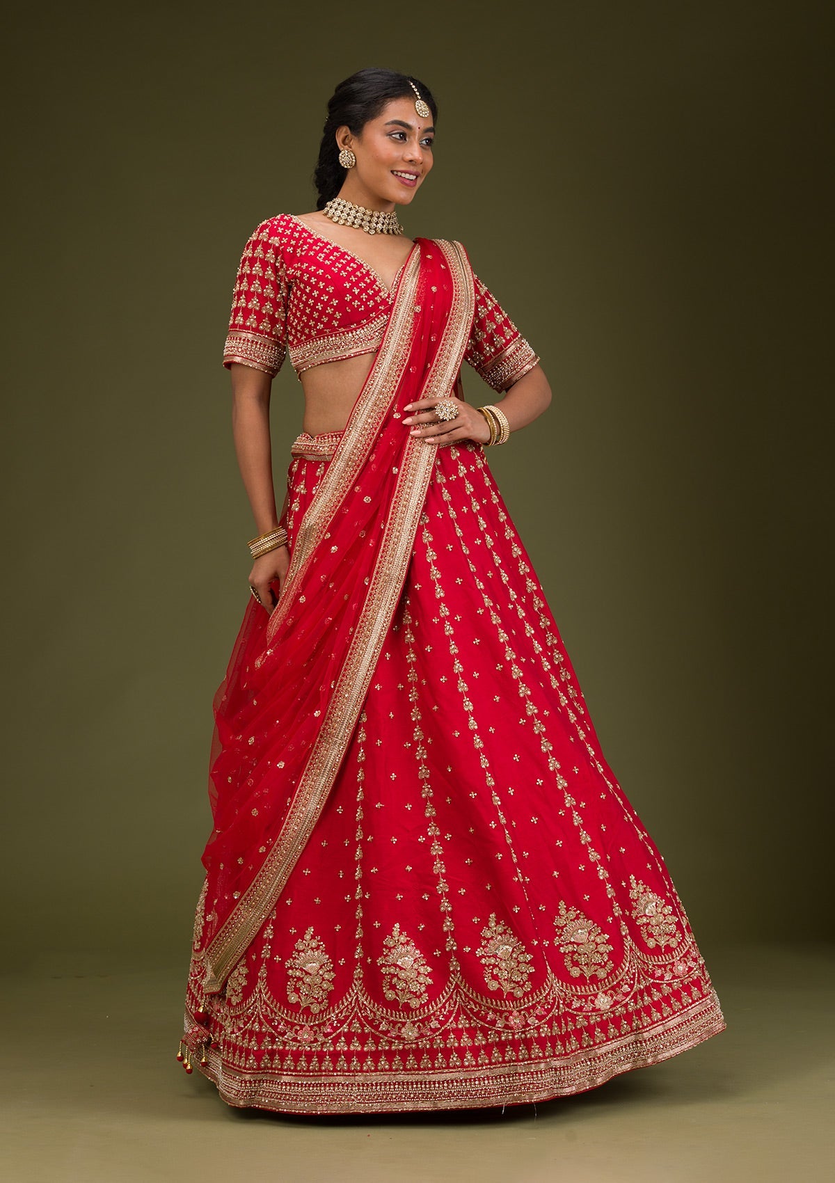 Red Zariwork Raw Silk Readymade Lehenga-Koskii