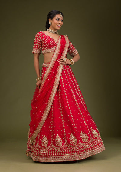 Red Zariwork Raw Silk Readymade Lehenga-Koskii