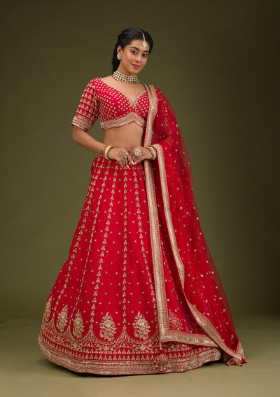 Red Zariwork Raw Silk Readymade Lehenga-Koskii