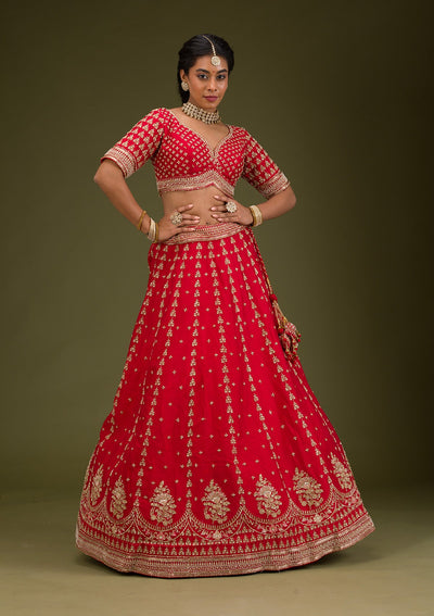 Red Zariwork Raw Silk Readymade Lehenga-Koskii