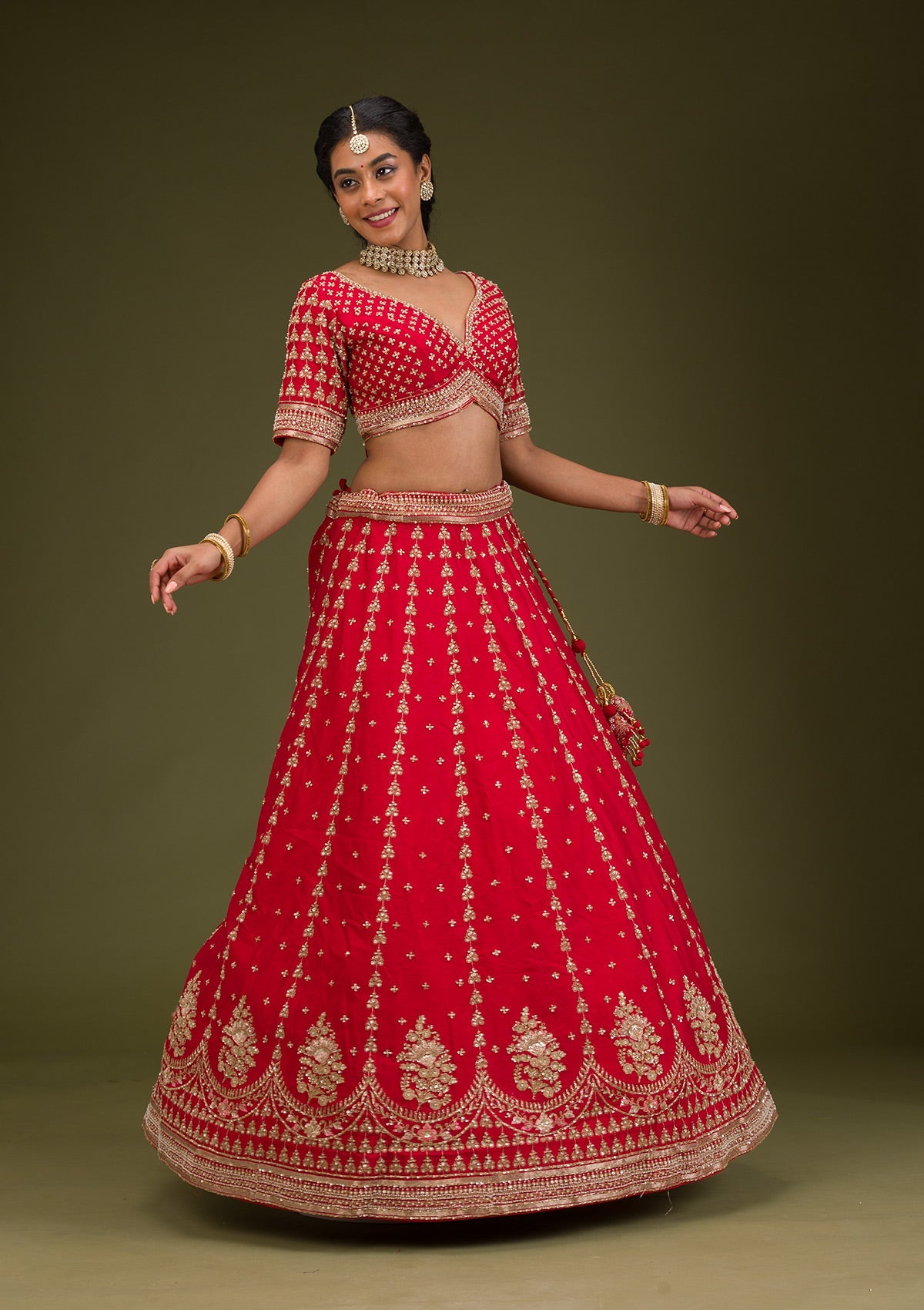 Red Zariwork Raw Silk Readymade Lehenga-Koskii