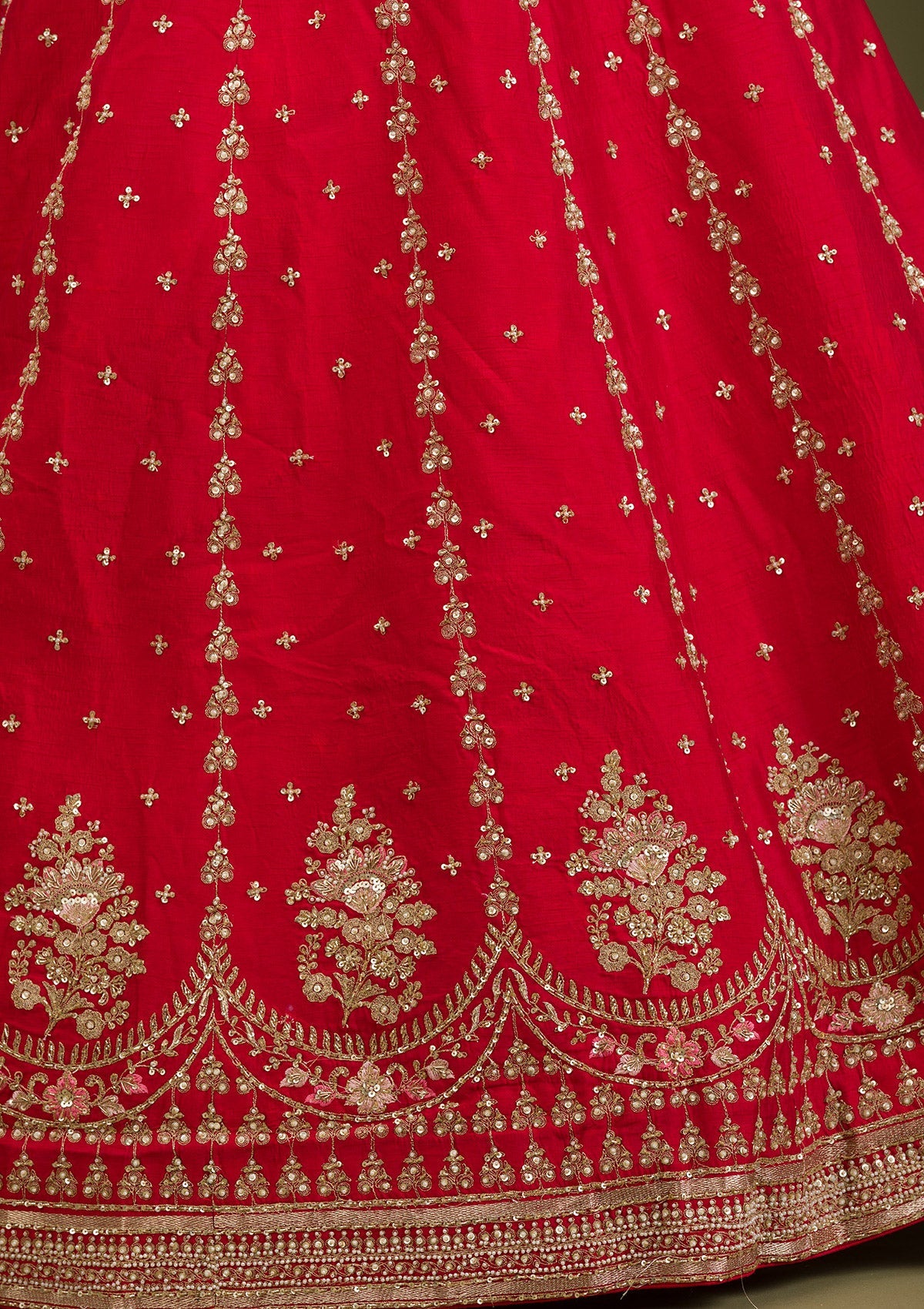 Red Zariwork Raw Silk Readymade Lehenga-Koskii