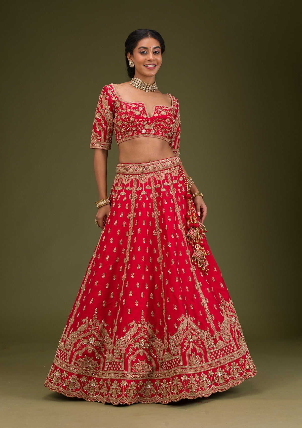 Red Zariwork Raw Silk Readymade Lehenga-Koskii