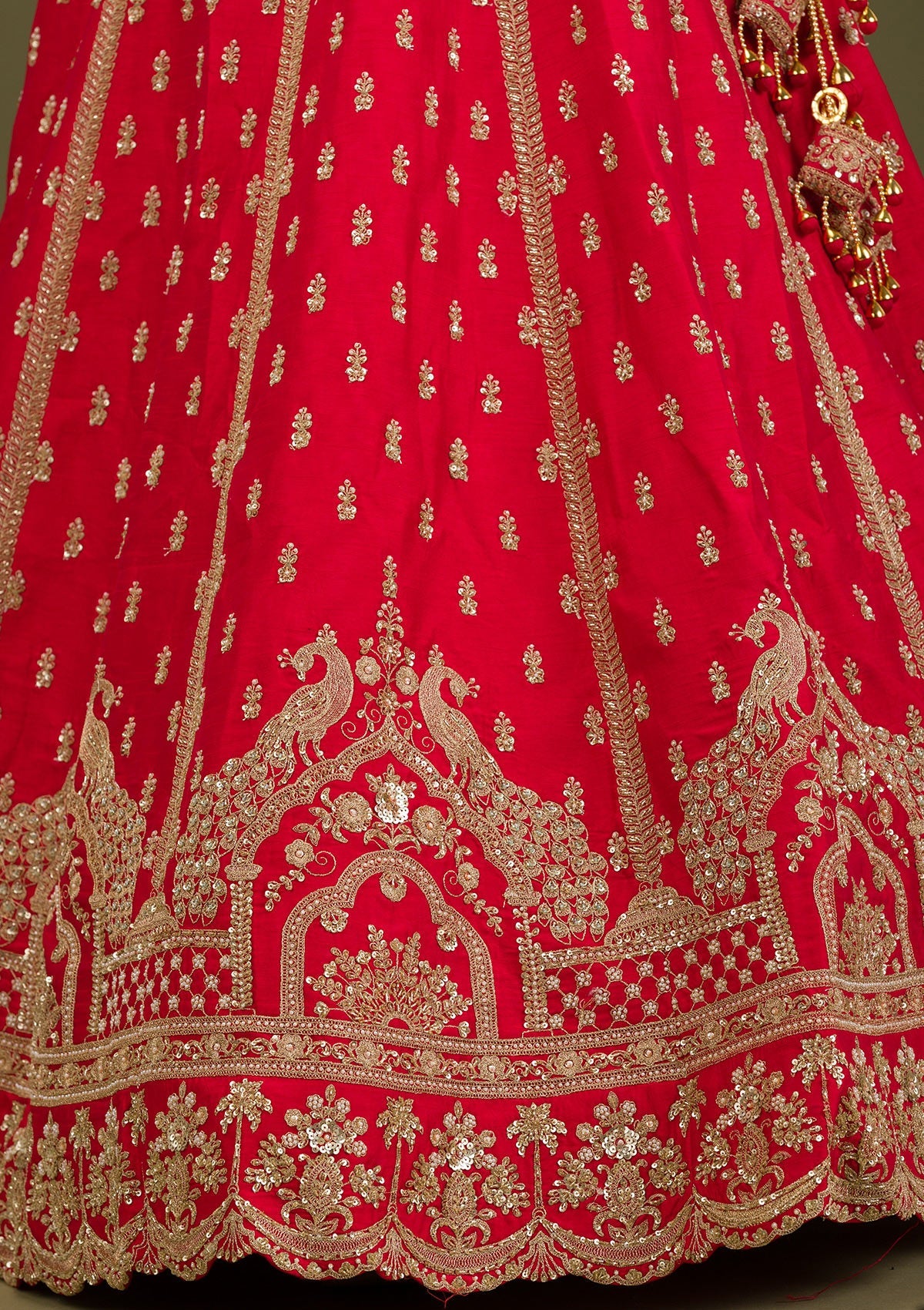 Red Zariwork Raw Silk Readymade Lehenga-Koskii