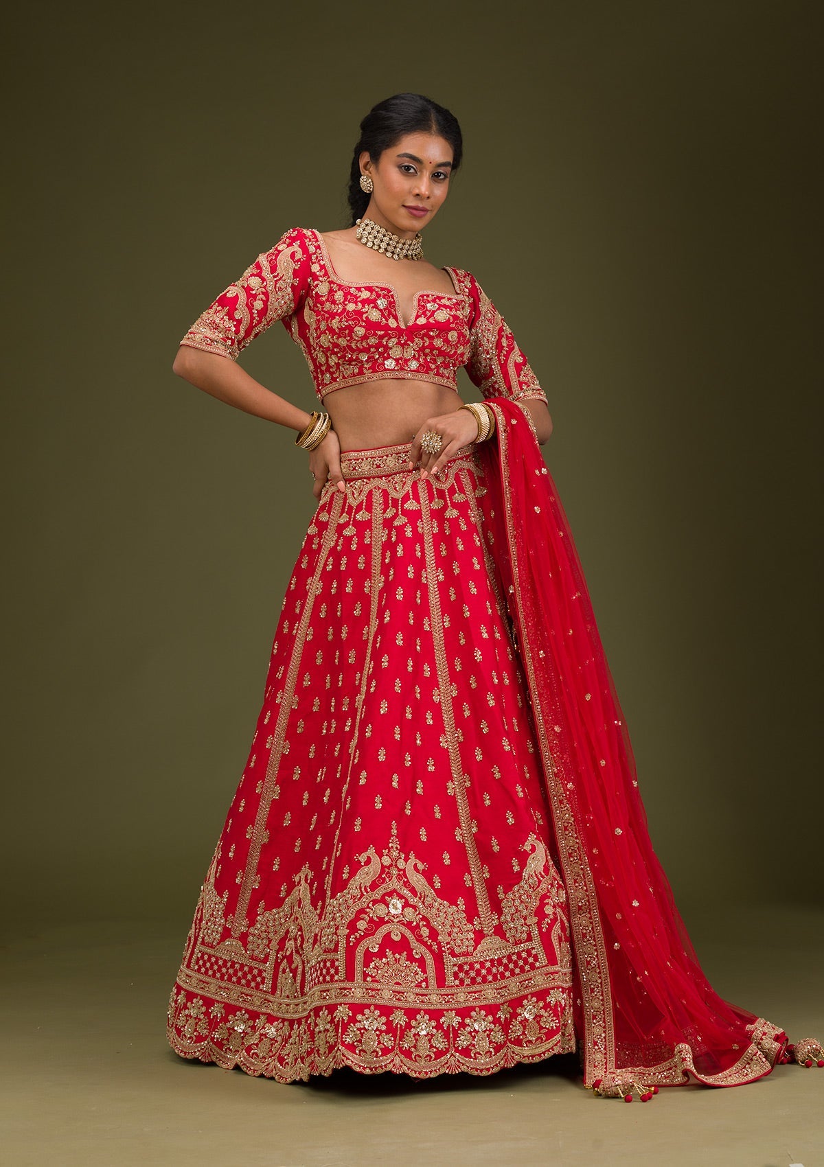 Red Zariwork Raw Silk Readymade Lehenga-Koskii