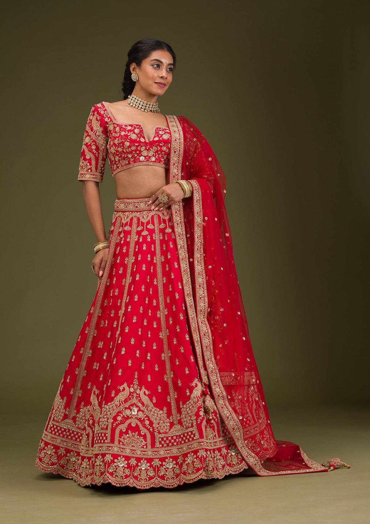 Red Zariwork Raw Silk Readymade Lehenga-Koskii