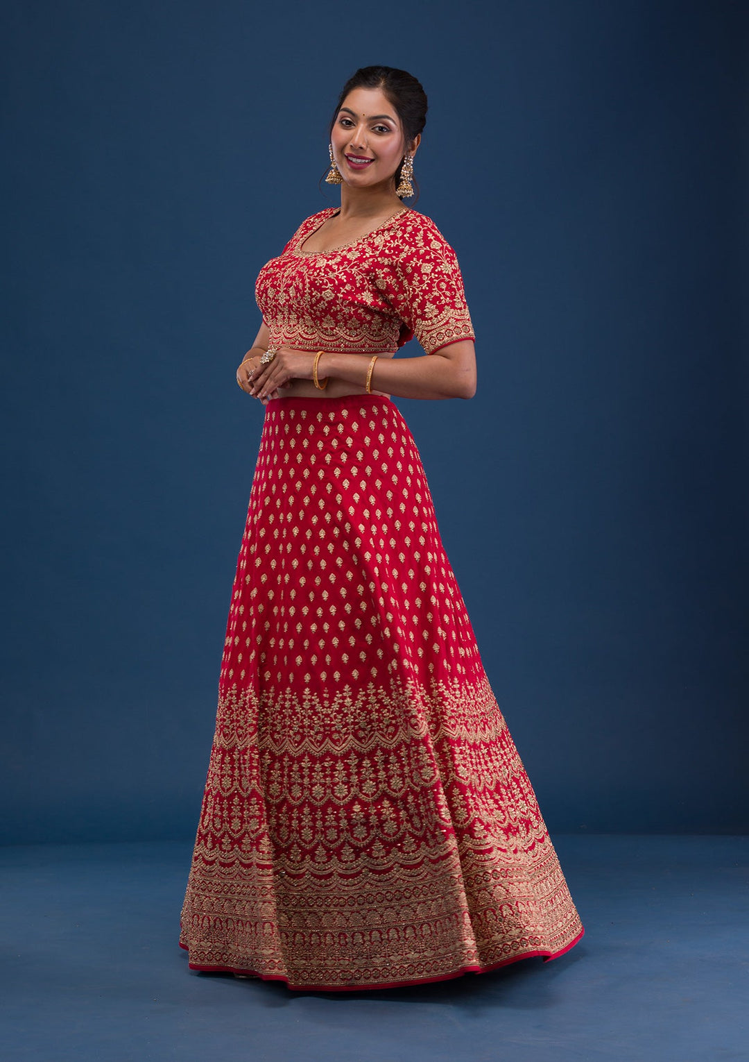 Red Zariwork Raw Silk Readymade Lehenga-Koskii