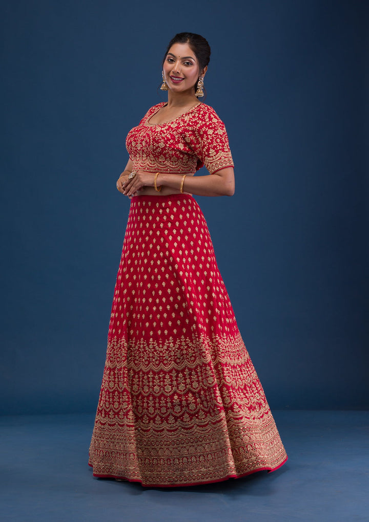 Red Zariwork Raw Silk Readymade Lehenga-Koskii