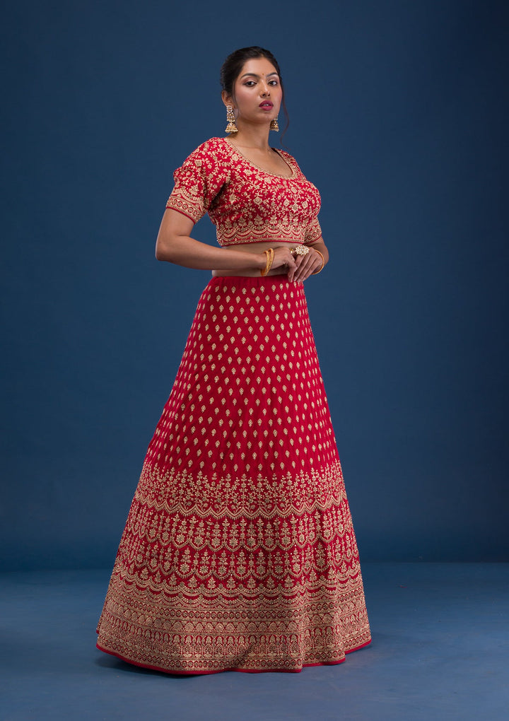 Red Zariwork Raw Silk Readymade Lehenga-Koskii