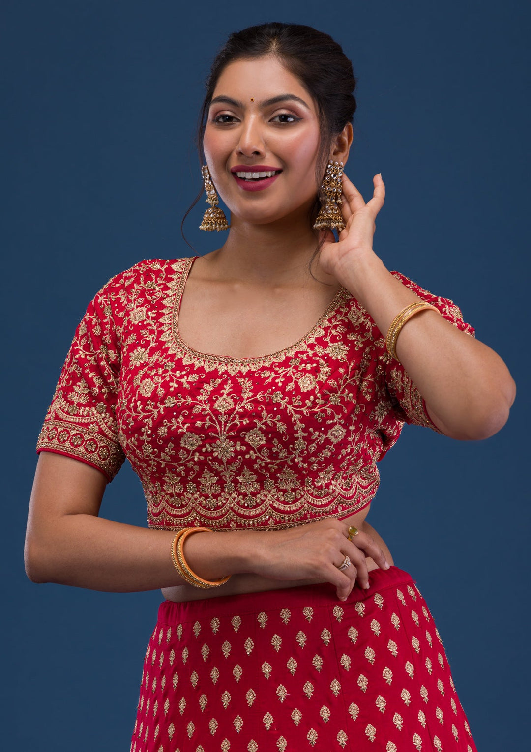 Red Zariwork Raw Silk Readymade Lehenga-Koskii