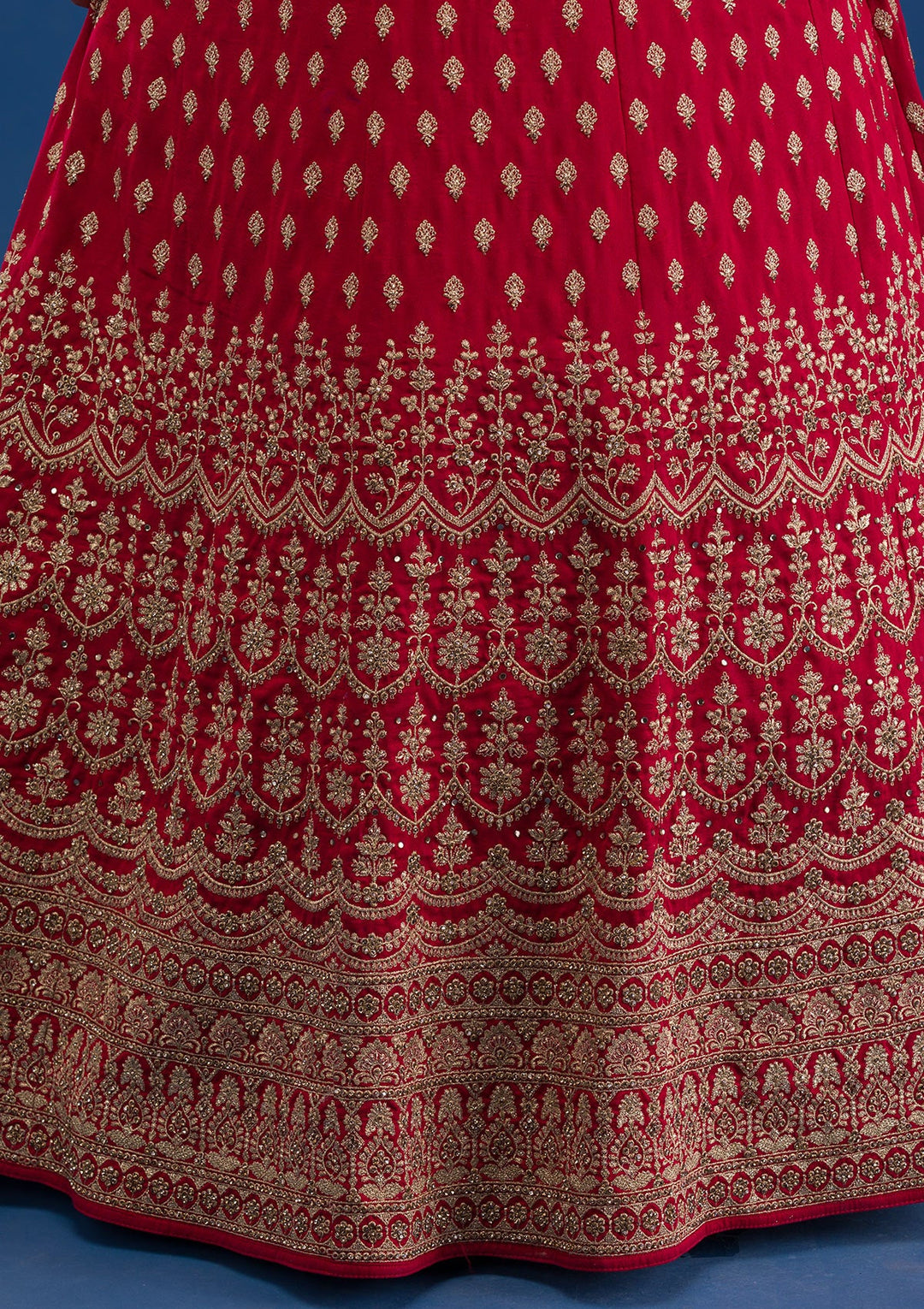 Red Zariwork Raw Silk Readymade Lehenga-Koskii