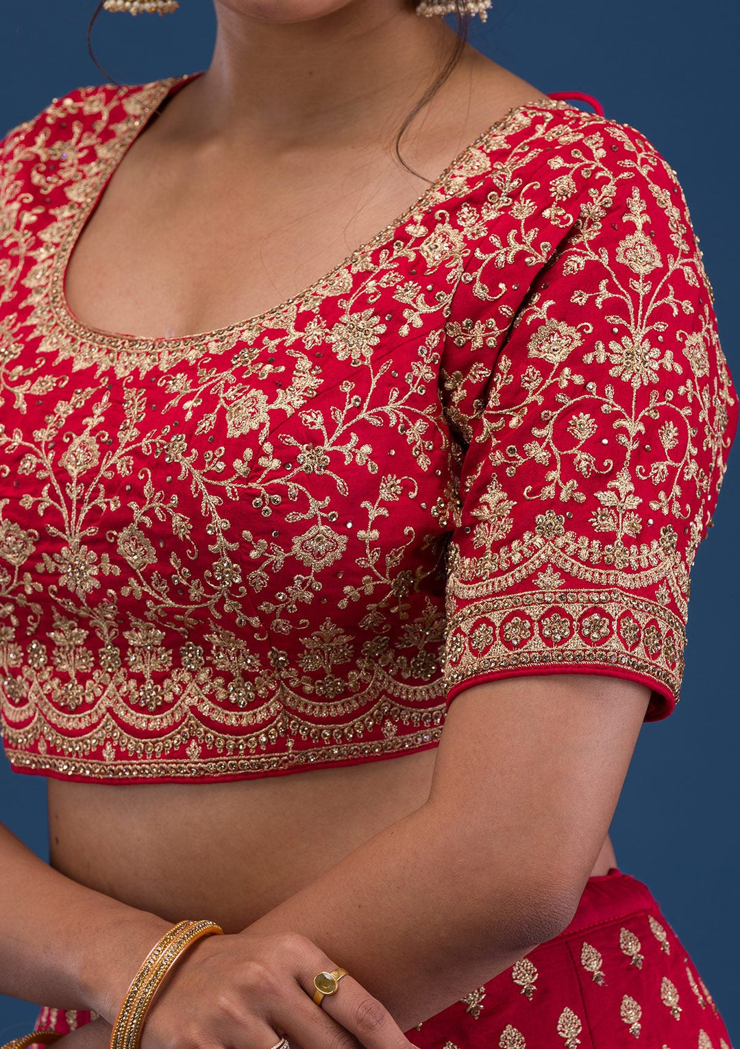 Red Zariwork Raw Silk Readymade Lehenga-Koskii