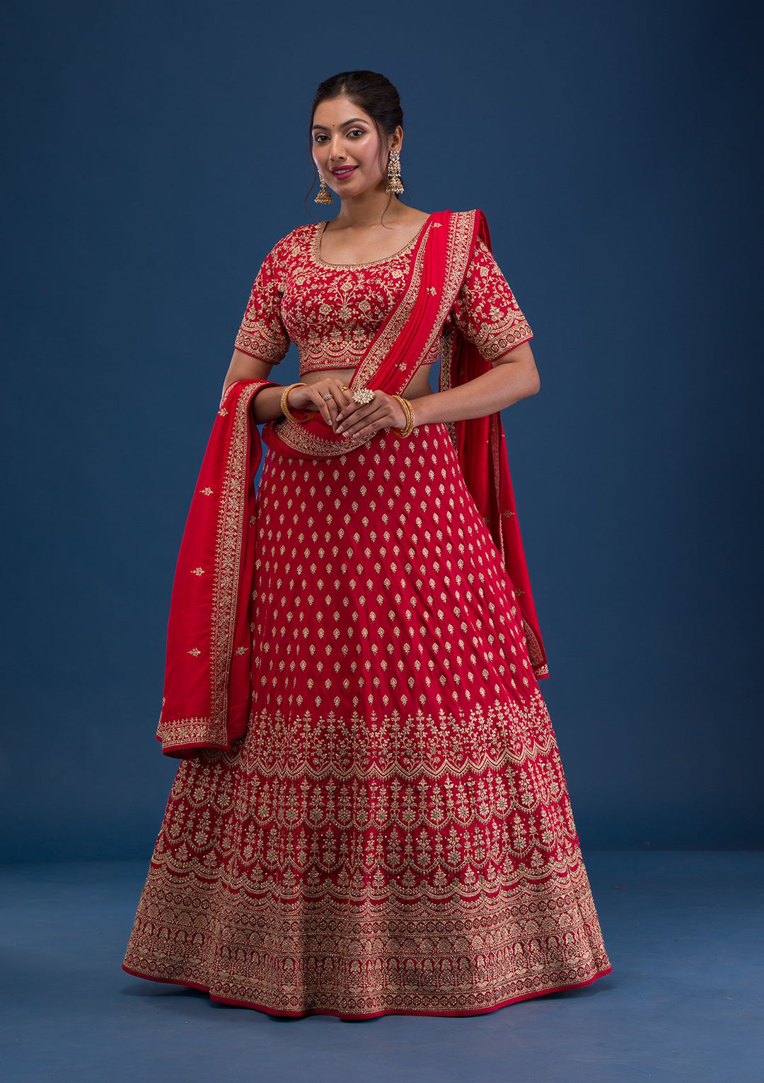 Red Zariwork Raw Silk Readymade Lehenga-Koskii