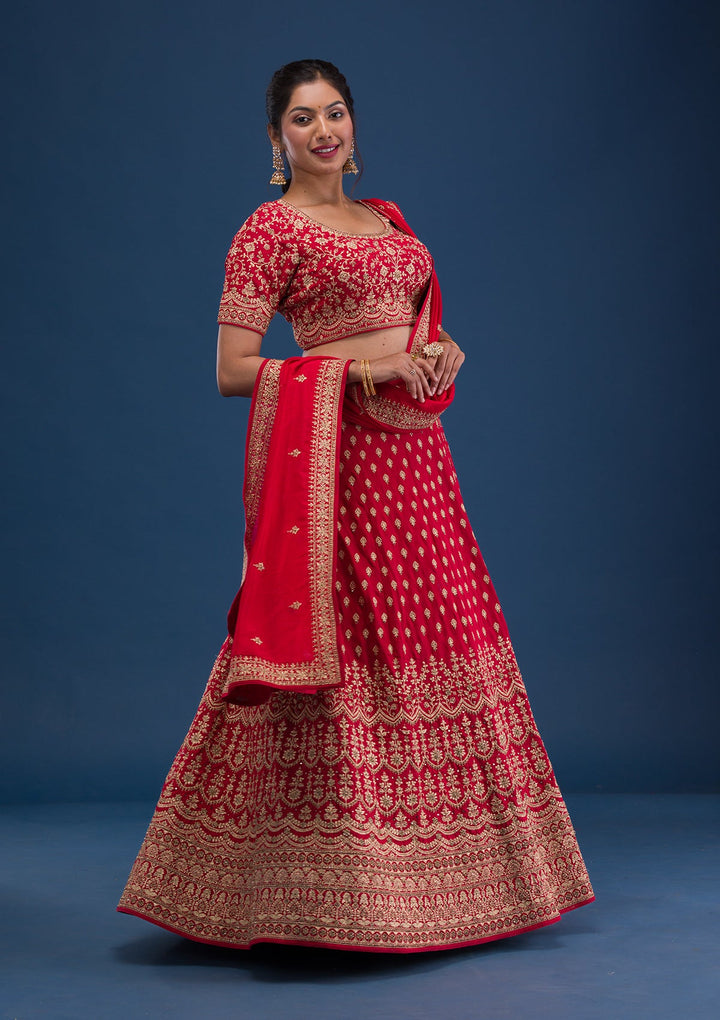 Red Zariwork Raw Silk Readymade Lehenga-Koskii