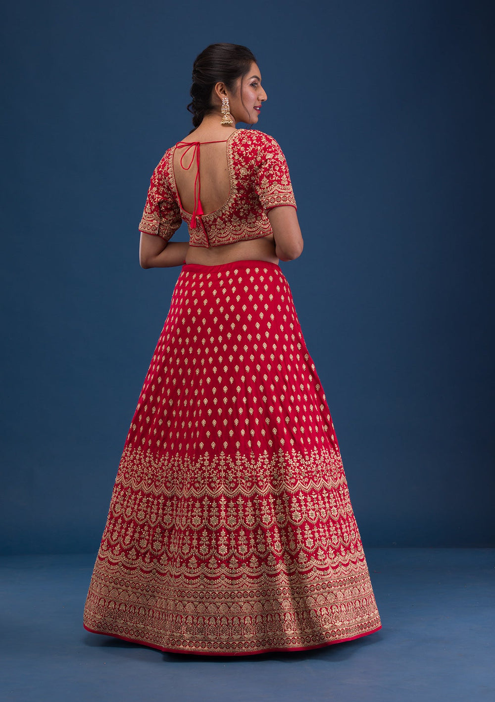 Red Zariwork Raw Silk Readymade Lehenga-Koskii