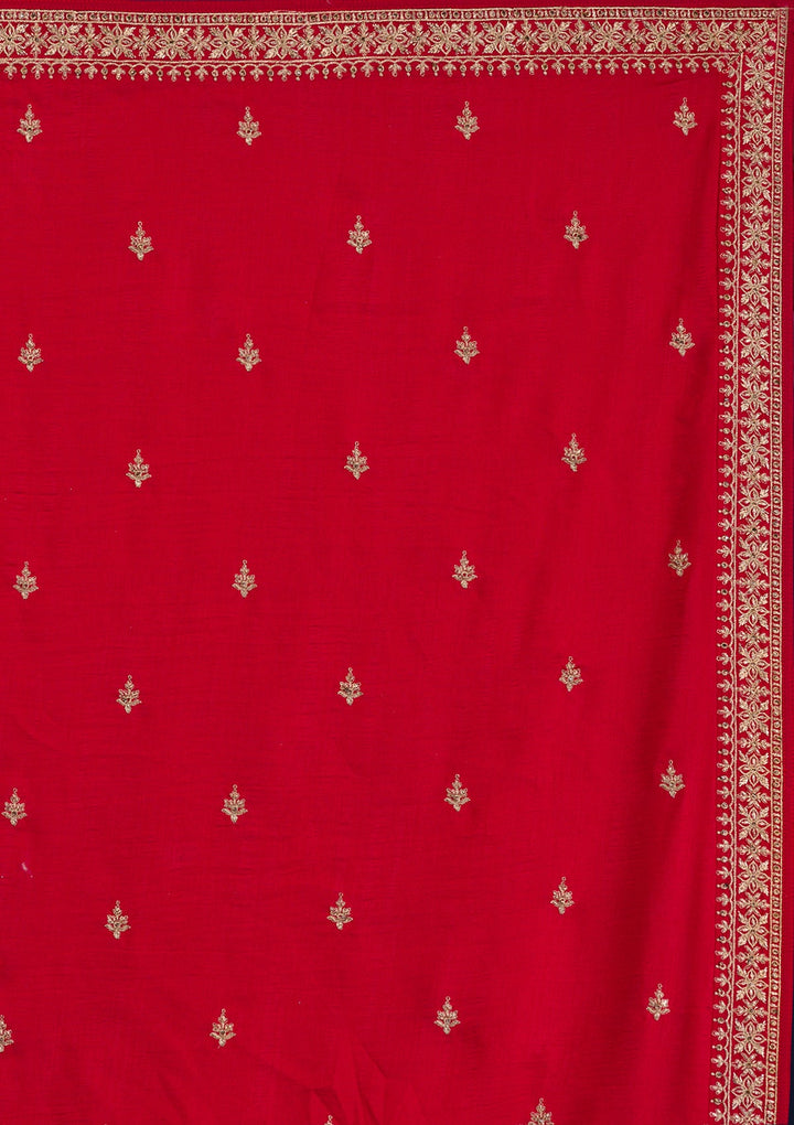 Red Zariwork Raw Silk Readymade Lehenga-Koskii