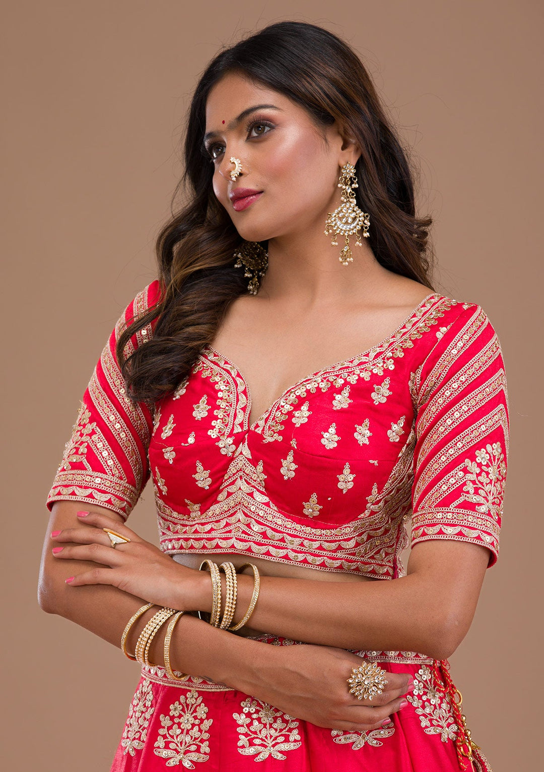 Red Zariwork Raw Silk Readymade Lehenga-Koskii