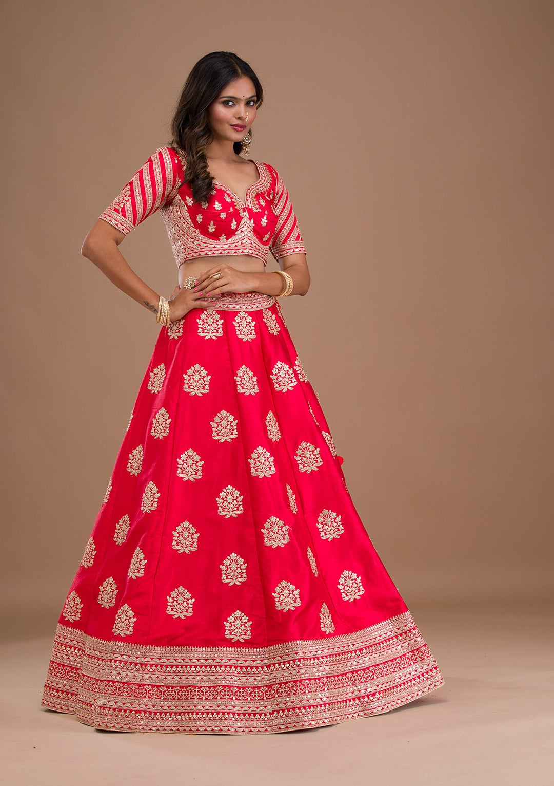 Red Zariwork Raw Silk Readymade Lehenga-Koskii