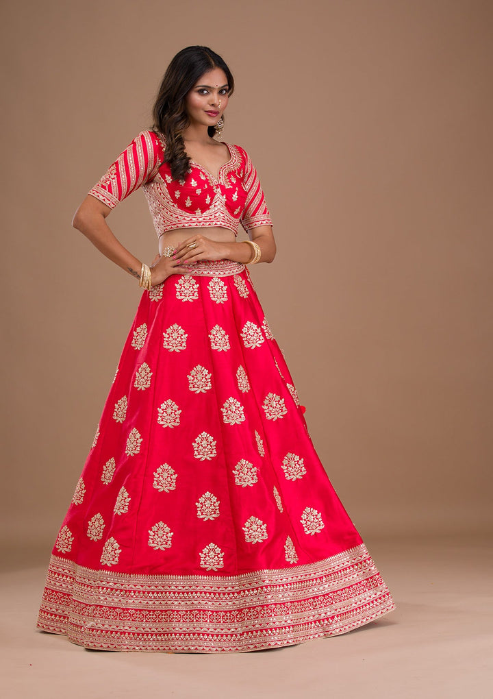Red Zariwork Raw Silk Readymade Lehenga-Koskii