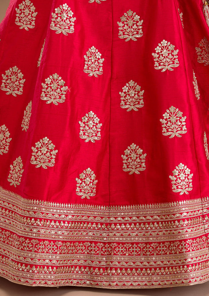 Red Zariwork Raw Silk Readymade Lehenga-Koskii