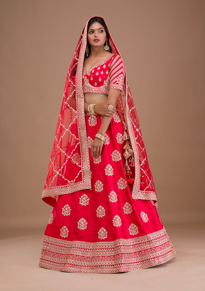 Red Zariwork Raw Silk Readymade Lehenga-Koskii