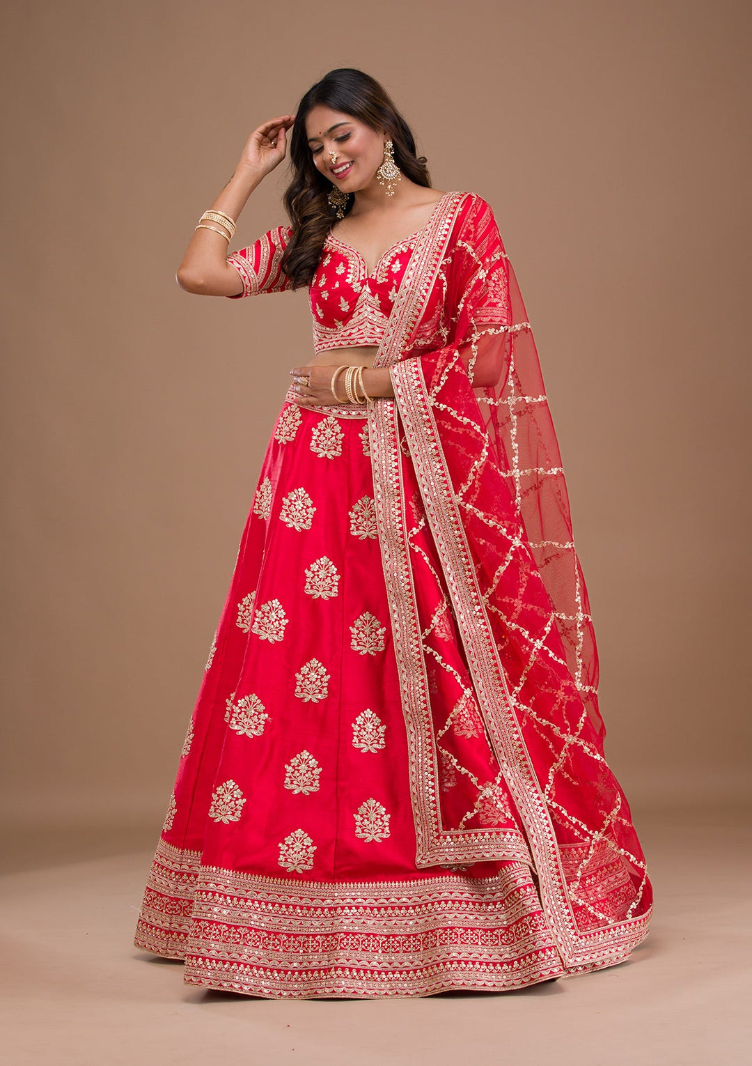 Red Zariwork Raw Silk Readymade Lehenga-Koskii