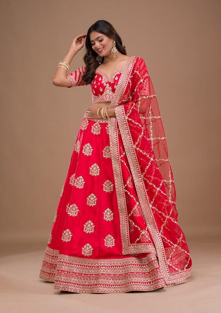 Red Zariwork Raw Silk Readymade Lehenga-Koskii