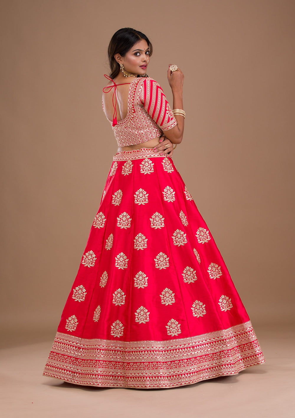 Red Zariwork Raw Silk Readymade Lehenga-Koskii