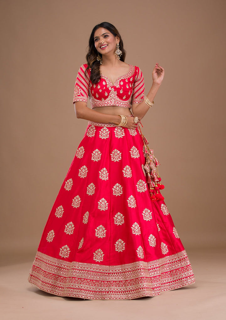 Red Zariwork Raw Silk Readymade Lehenga-Koskii
