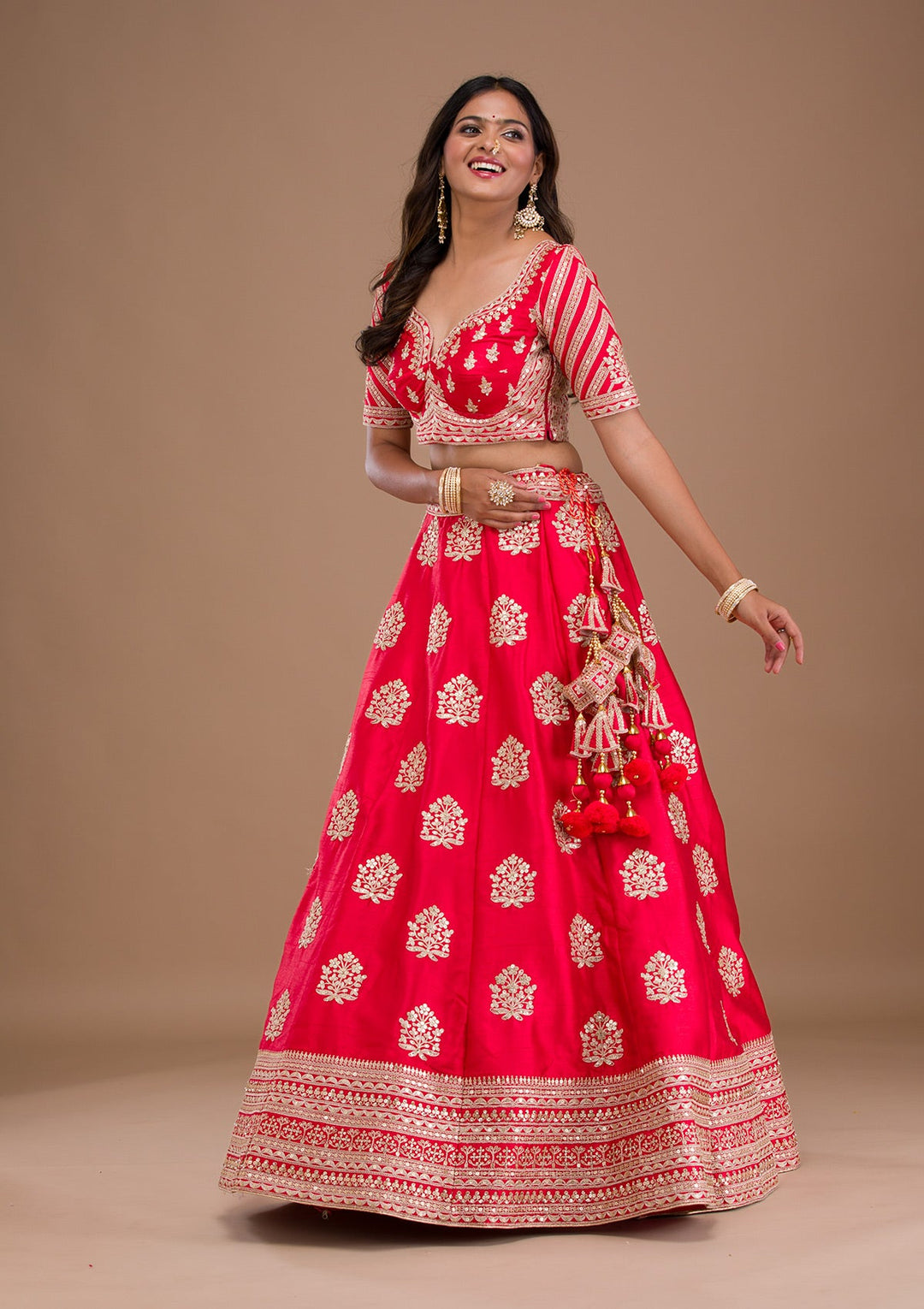 Red Zariwork Raw Silk Readymade Lehenga-Koskii