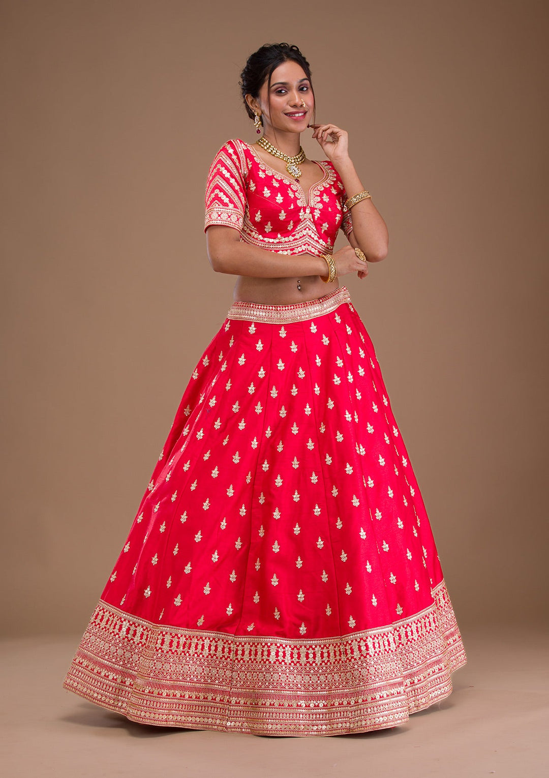 Red Zariwork Raw Silk Readymade Lehenga-Koskii
