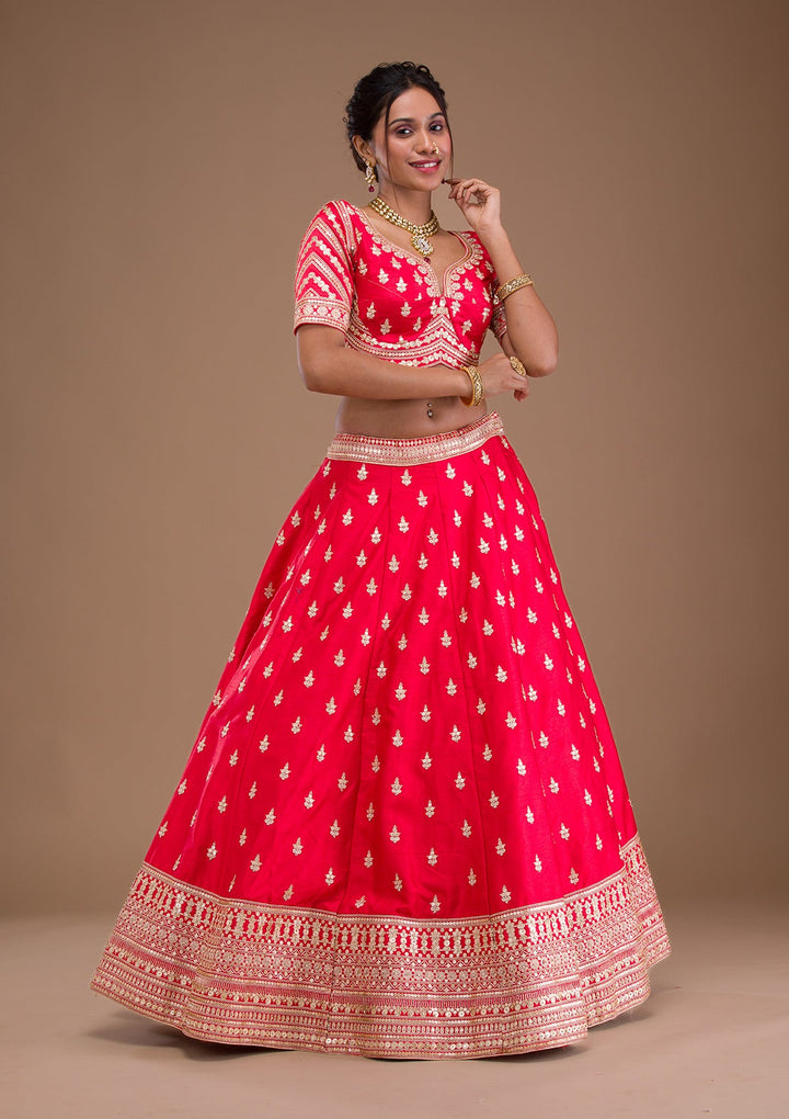 Red Zariwork Raw Silk Readymade Lehenga-Koskii