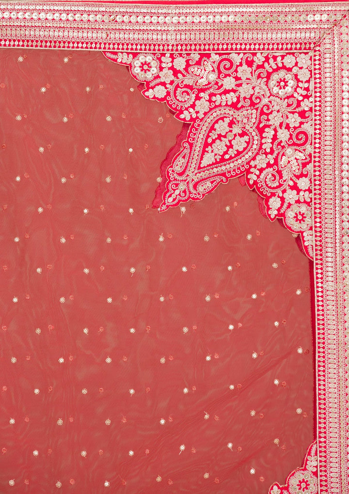 Red Zariwork Raw Silk Readymade Lehenga-Koskii